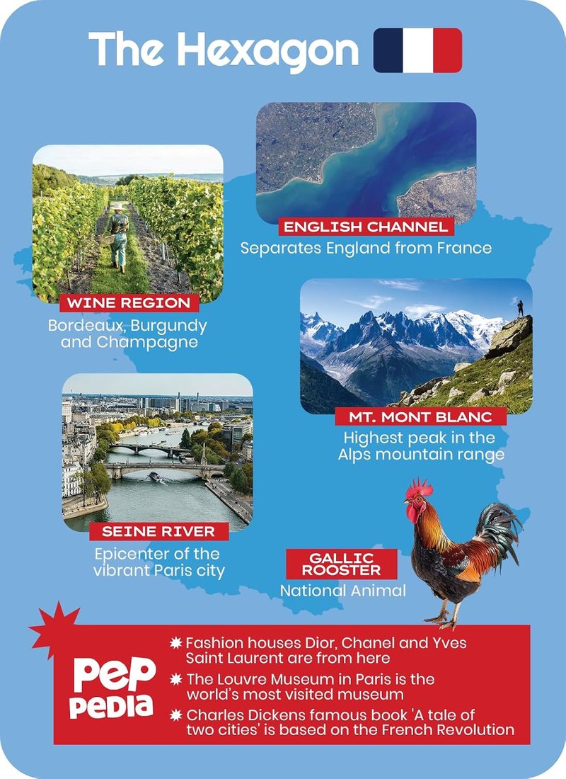 France card back — The Hexagon, wine regions, the English Channel, Mont Blanc, the Seine and the Gallic Rooster