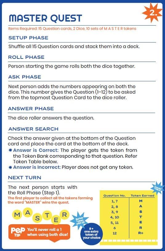 Master Quest rules sheet with the token table